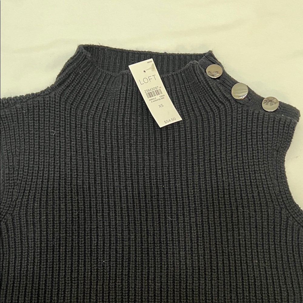 LOFT Black Sleeveless Quite Luxury Mock Neck Vertical Ribbed Decorative Sweater - Picture 9 of 13